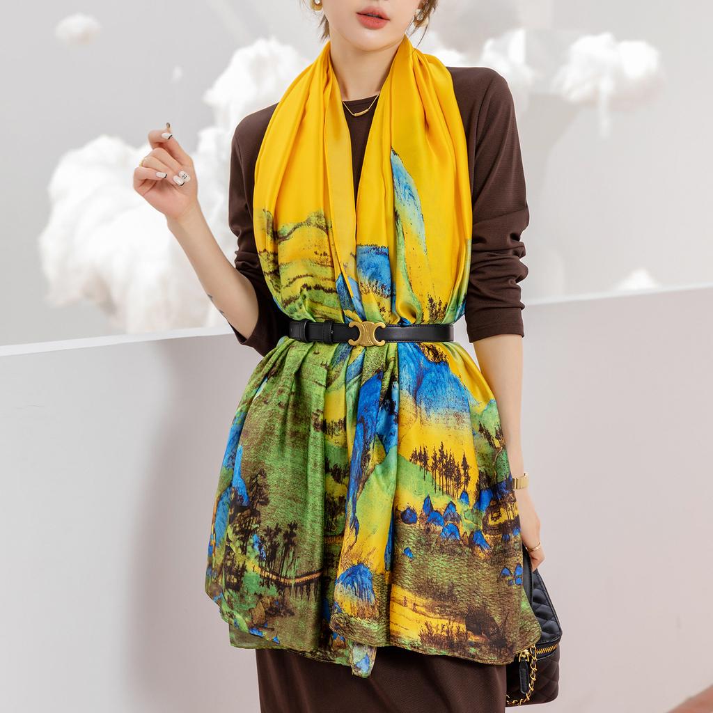 Lijin Wrought Long Scarf Oil Painting Flower Print Long Silk Scarf Spring and Autumn Premium Feeling Scarf