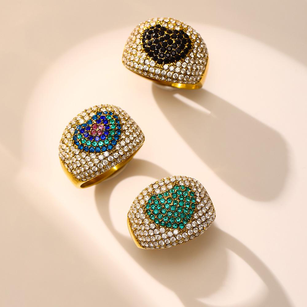 Stainless Steel Gold Plated Chunky Ring Women's Heart Shaped Colorful Zircon Luxury Couple Matching Finger Ring Summer Zircon