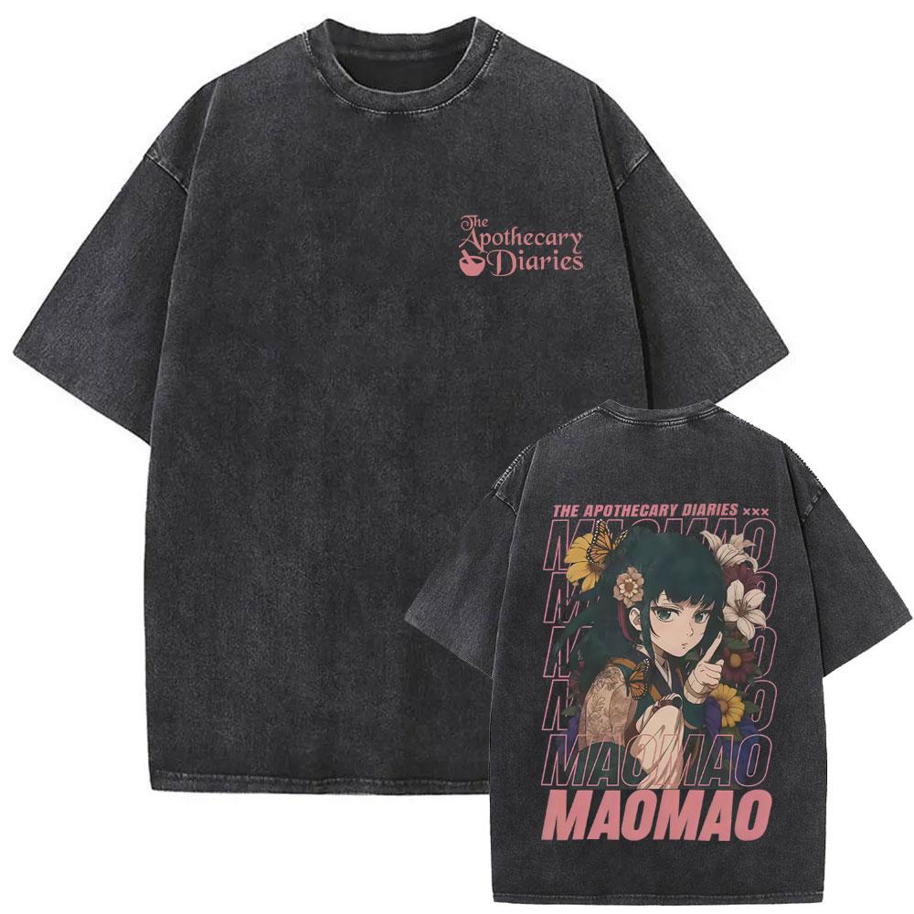 Gewaschenes Vintage Japanischer Anime The Apothecary Diaries Maomao Doppelseitiger Druck T-Shirt Herren Damen Freizeit Kawaii Lustige T-Shirts