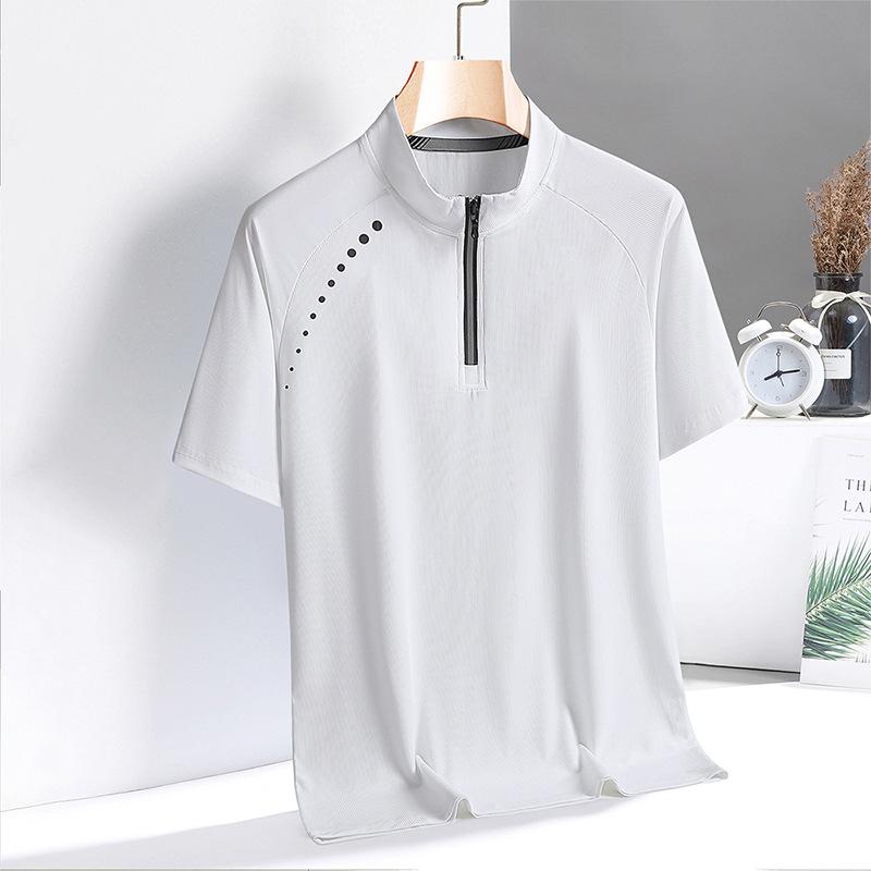 Tricou cu uscare rapidă pentru bărbați, sporturi în aer liber, fitness, cu mâneci scurte, gât rotund, cu jumătate de fermoar, guler ridicat, tricou din mătase de gheață