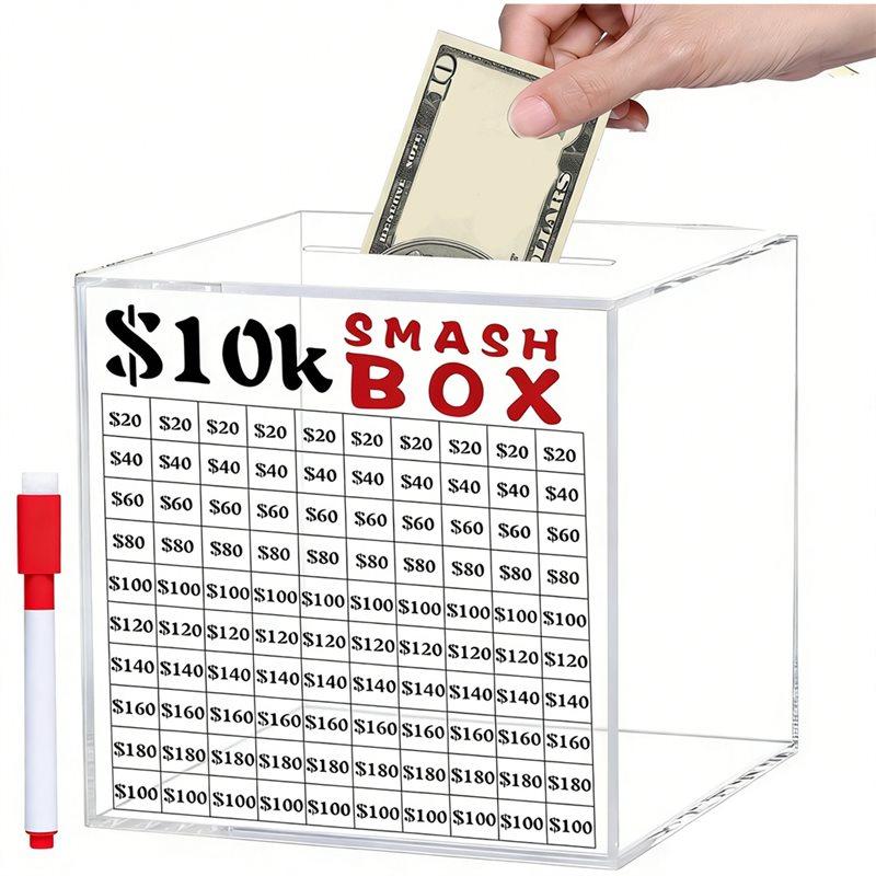 Clear Acrylic Saver 10K For Money, Unbreakable Piggy Bank For Adults- For Money Saving Challenge, 10, 000 Smashed Box