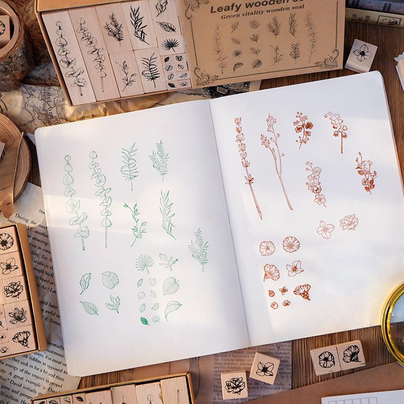 22pcs/set Laminated Natural Plants Leaf Flower Wooden Stamp Set Standard Stamps Collage Junk Journal Scrapbooking Card