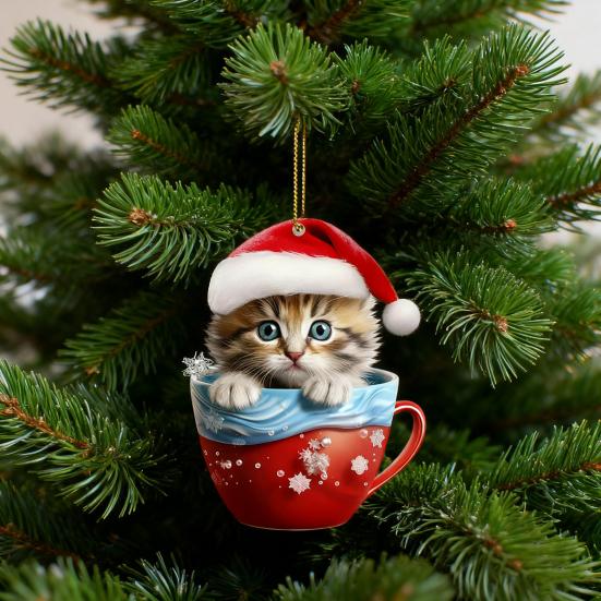 Yousheng Christmas Pendant 2D Acrylic Cat Sitting Mug Charm Hanging Decor with Lanyard Holiday Party Decoration