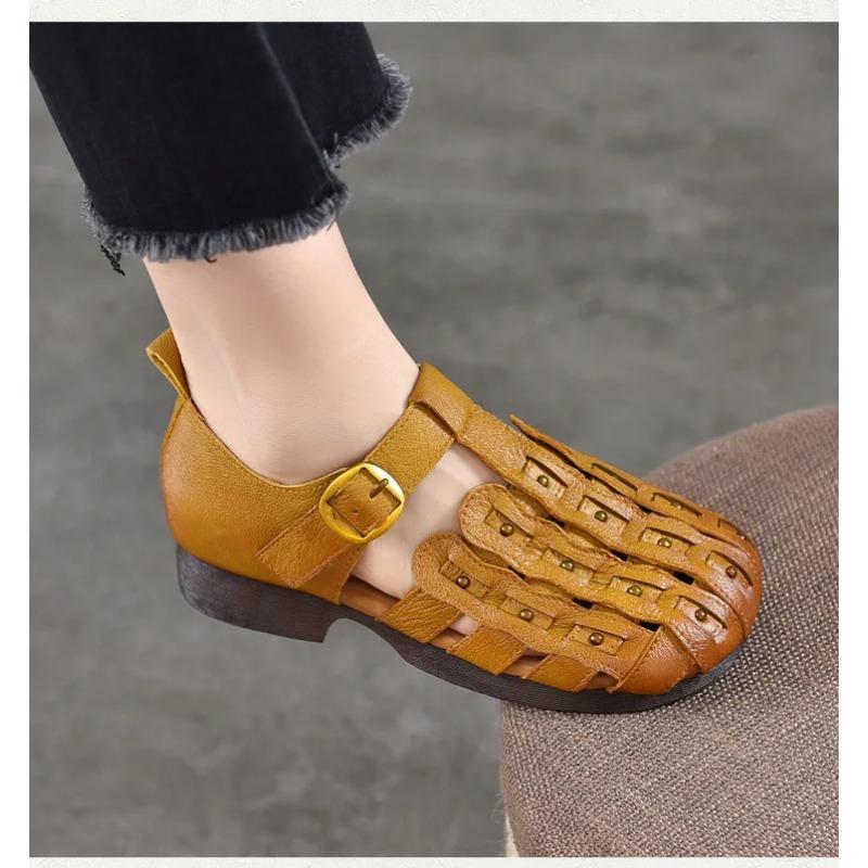 Johnature Genuine Leather Round Toe Soft Soled Sandals Hollow Out Breathable Low Heel Women's Shoes