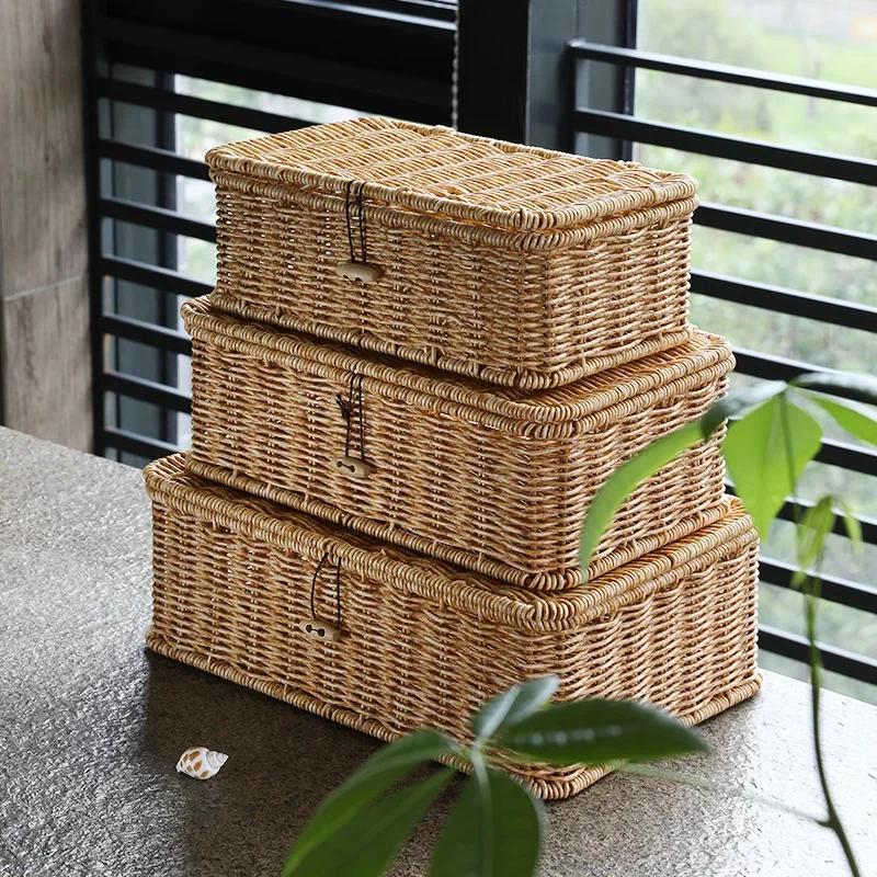 Large Storage Basket Rattan Woven Storage Box with Lid Stackable Sundries  Basket Storage Organizer Toy Container Orgainzation