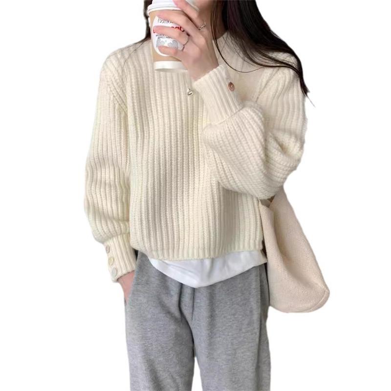 New autumn and winter solid color thickened lantern sleeve pullover sweater women's design sense fashion inside knitted sweater tide