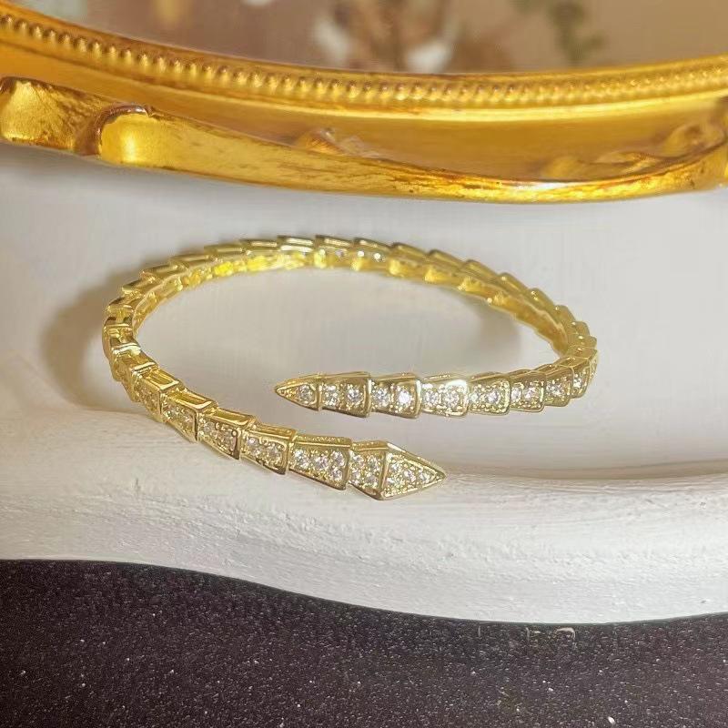 European & American Zircon Snake Bone Silver Bangle - Women's Fashion Niche Design Open Cuff