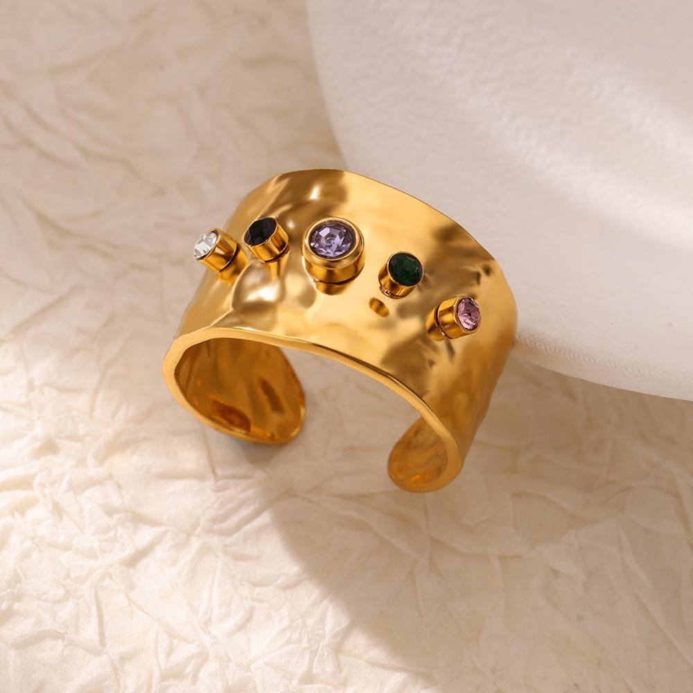 Inel din oțel inoxidabil cu floare mare din zirconiu colorat, inel cu bandă lată cu cristal glisant pentru femei, nuntă, accesorii voluminoase din zirconiu, cadouri