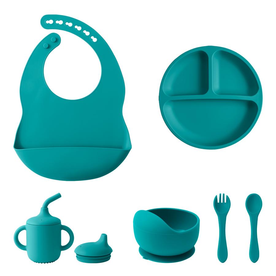 Color Kids 6PCS Silicone Baby Feeding Set Sucker Bowl Dinning Plate Straw Cup Spoon Fork Toddler Dishes Bib Children's Tableware