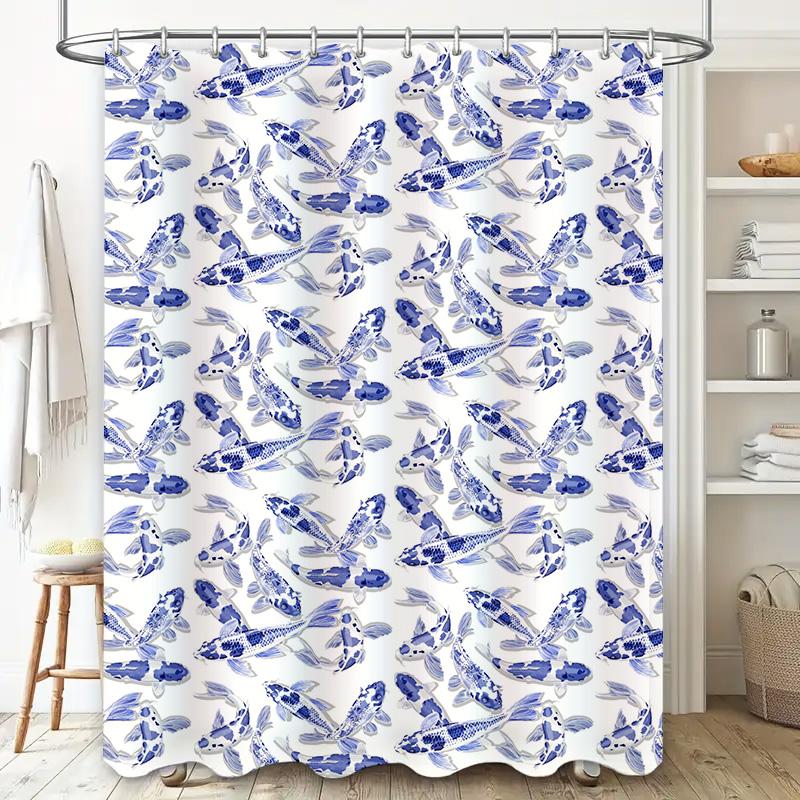 Watercolor Blue Fish Print Shower Curtain for Bathroom Decoration Floral Pattern Waterproof Fabric with Hooks.