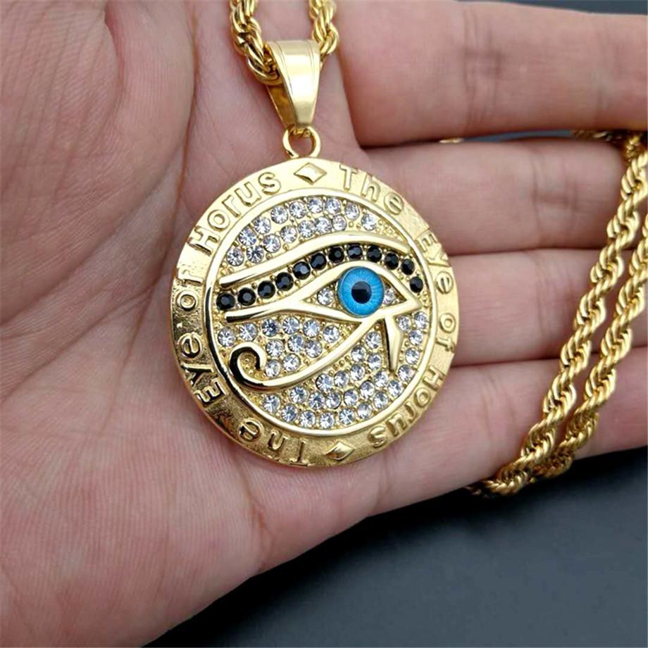 Pendentif Collier Oeil d'Horus Égyptien & Chaîne pour Hommes Femmes Couleur Or Acier Inoxydable Rond Hiphop Bijoux Anciens Égypte N1238