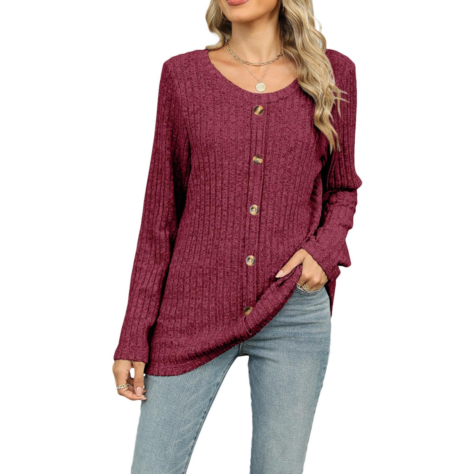 

Женская модная однотонная свободная футболка с круглым вырезом и длинными рукавами на пуговицах XL винный