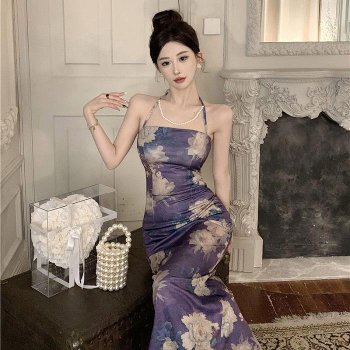 

Sexy French print halter hip skirt women s early spring celebrity temperament slim neck suspender dress S фиолетовый