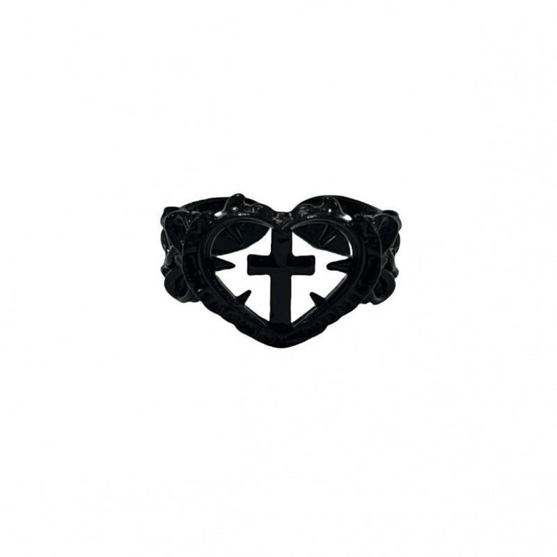 Adjustable Black Heart Gothic Victorian Cross Ring - Alternative Jewelry
