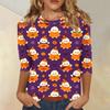 Women’s Casual Three Quarter Sleeve Halloween Print Crew Neck Top with Relaxed Fit for Seasonal Wear and Everyday Outfits
