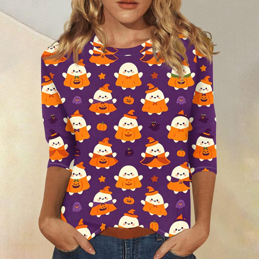 Women’s Casual Three Quarter Sleeve Halloween Print Crew Neck Top with Relaxed Fit for Seasonal Wear and Everyday Outfits
