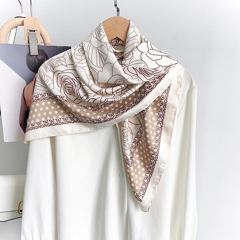 1116 New Camellia Print Silk Scarf, Summer Thin High-End Korean Fashion Chest Wrap Square Scarf and Headscarf Decoration