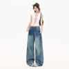 Spring Summer Vintage Blue Beaded Slub Wash High Waist Floor Wide Leg Denim Pants For Women Casual Pants Oversize Denim Trousers