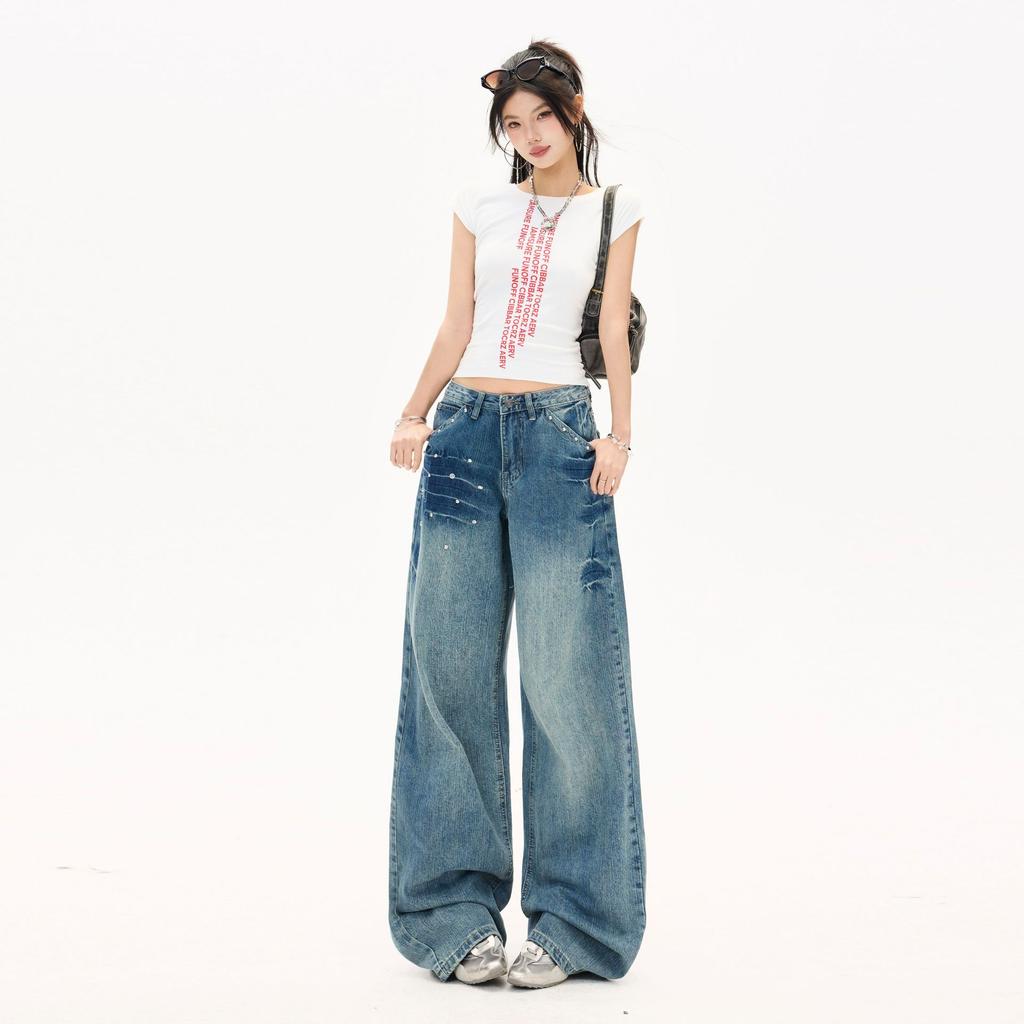 Spring Summer Vintage Blue Beaded Slub Wash High Waist Floor Wide Leg Denim Pants For Women Casual Pants Oversize Denim Trousers
