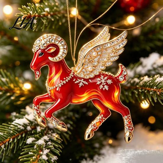 Christmas Tree Decoration Acrylic Goat Pendant, Decorative Hanging Ornament with Xmas Pendant Rhinestone, Golden Cord for New Year Party Unique