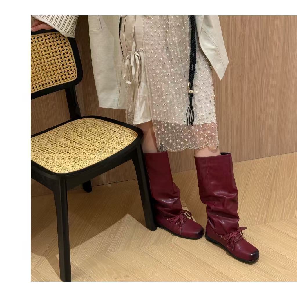 Square Head Pleated Western Pile Boots Women's Fall 2025 New Retro Platform Ballet Strap Medium Boots