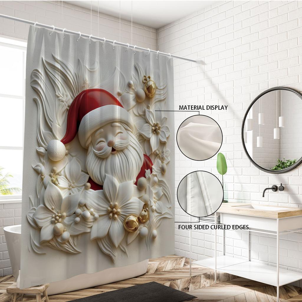 1 Imitation Relief Santa Claus Print Waterproof Shower Curtain Partition Privacy Hanging Curtain With 12 Hooks Easy Installation
