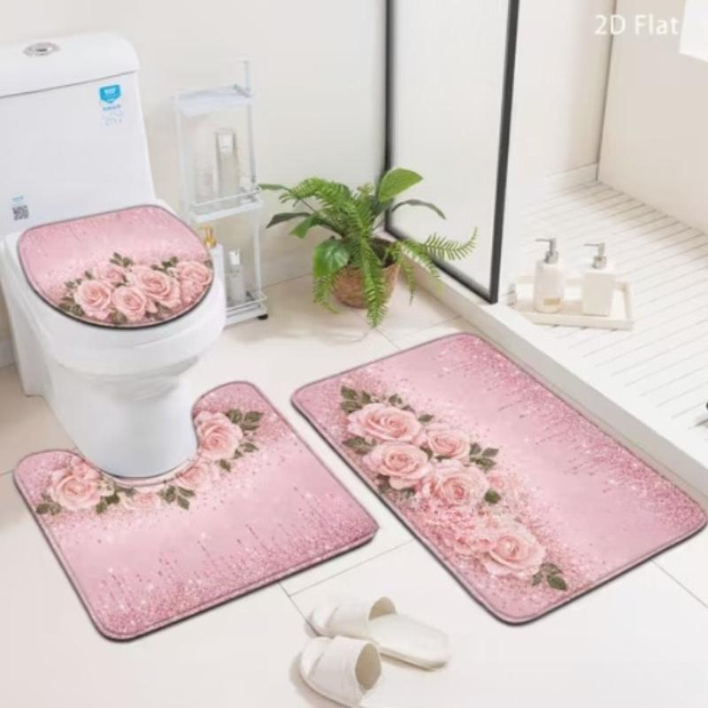 Set di Tappetini da Bagno Antiscivolo in Flanella Floreale Rosa Elegante 2D Piatto Ultra Assorbente Tappetino Decorativo per Pavimento da Cucina