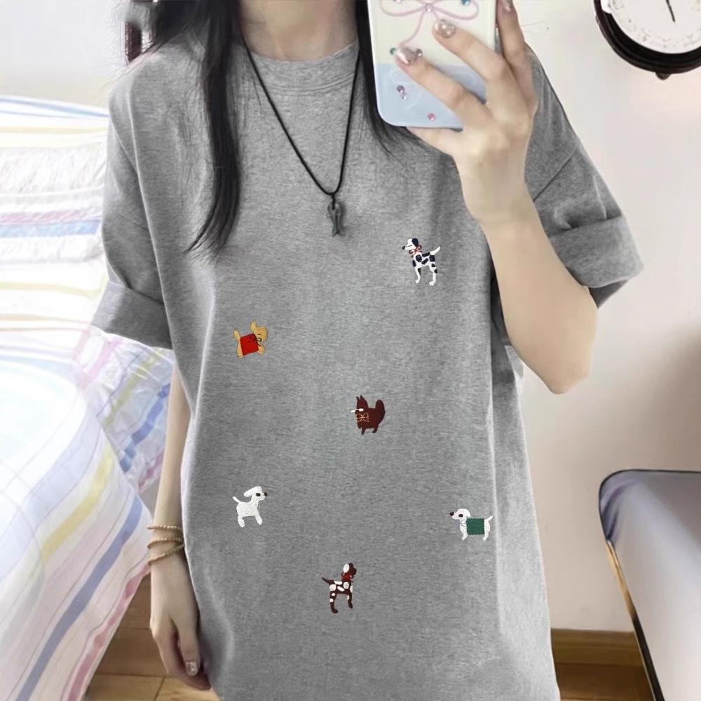 Pure cotton cartoon short-sleeved t-shirt women's new summer loose front shoulder design sense niche American half-sleeved top