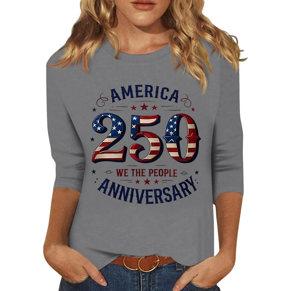 Women's Fashionable Casual Three-Quarter Sleeve 250th Anniversary Independence Day Print Neck Sweater