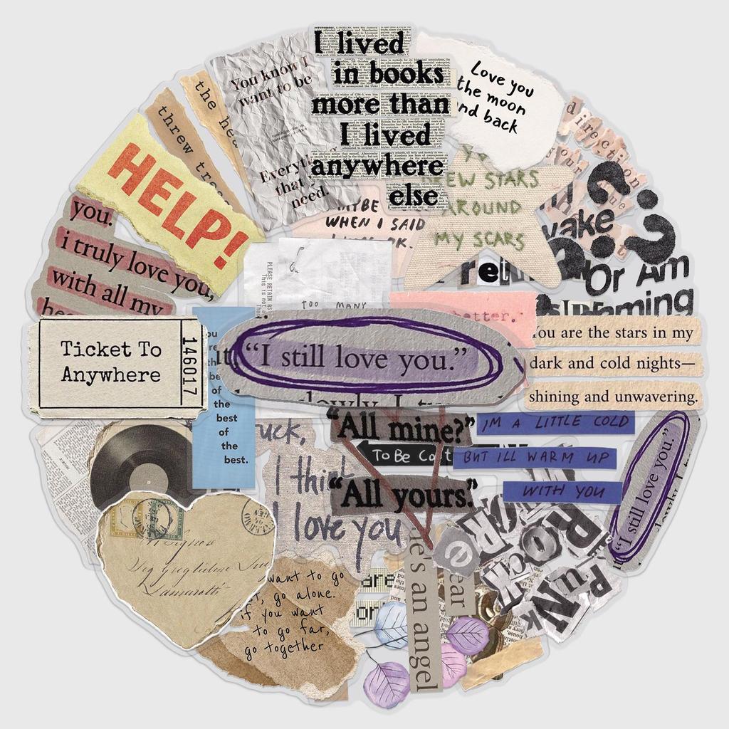 50 Transparente Retro Englische Fragment PET-Aufkleber: Wasserdichte DIY Journal- & Collage-Dekoration