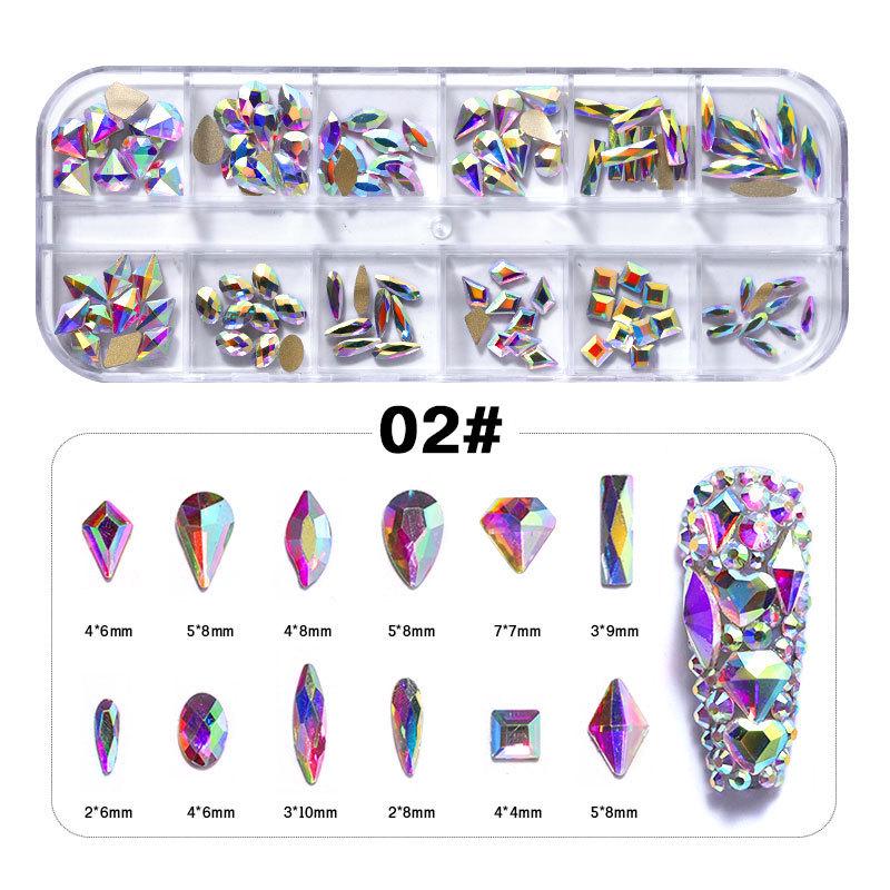 12 Strass per unghie colorati Diamanti di dimensioni miste AB Flatback Lucido Cristallo 3D Glitter Gemme Decorazioni per unghie Strass