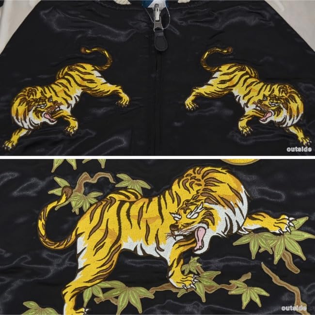 [Yoshida Yu] Reversible Sukajan Jacket, 2-Way Japanese Tiger Embroidery Long Sleeve Souvenir Bomber Outerwear, Black, size L