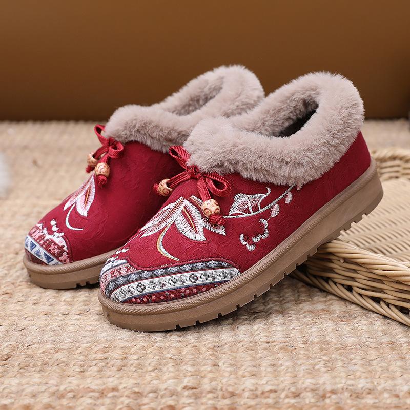 Women's Winter Fur Lined Loafers Platform Embroidered Loafers Shoes for Women Chunky Warm Plush Comfortable Non-Slip Round Toe Loafer Slippers Women