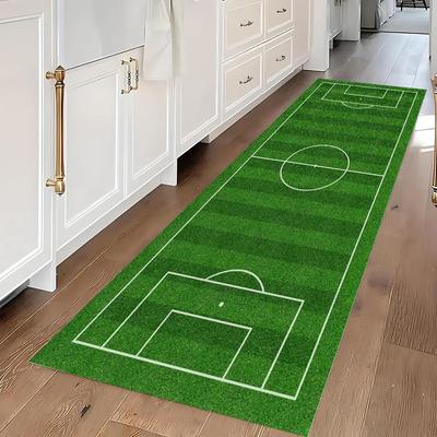 Lebendiger Fußballplatz Langer Läufer Teppich Realistischer Kunstrasen Druck Kinderfreundlich Waschbar Rutschfeste Matte für Flur Korridor