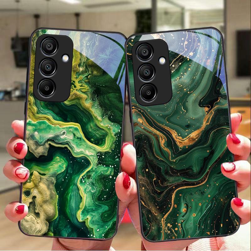 Green Marble For Samsung Galaxy A15 5G 54 4G 51 50 24 35 90 71 12 51 53 52S 80 22 34 Black Tempered Glass Phone Case