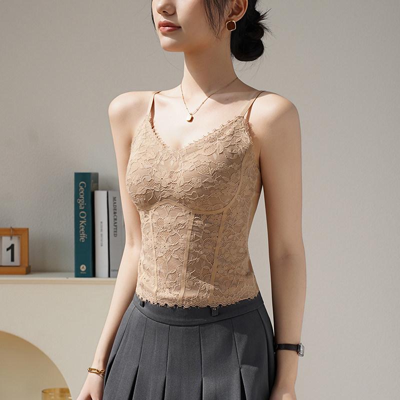 Lace Camisole with Built-In Bra & Removable Straps, Wire-Free for Women M