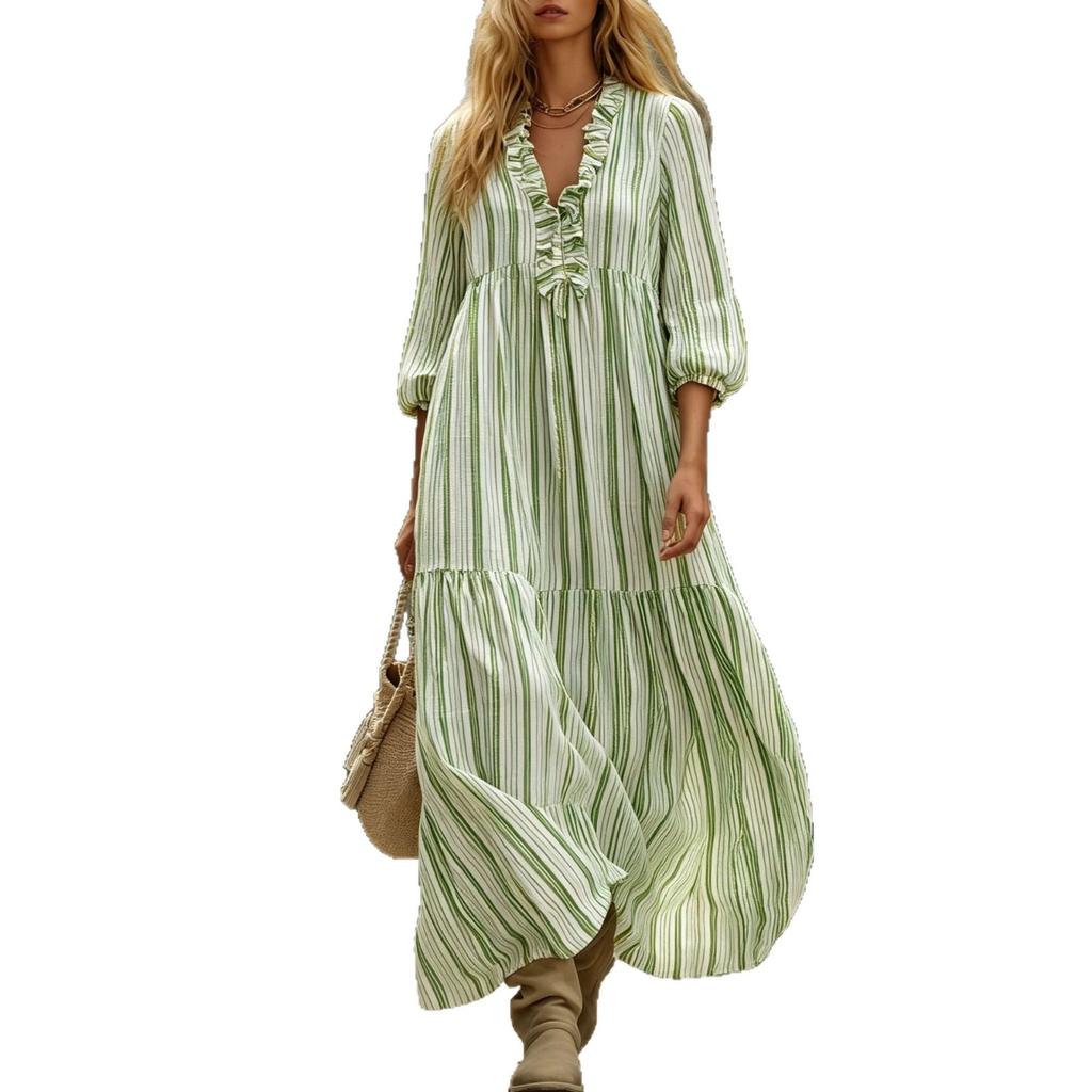 European and American spring and autumn new V-neck pleated striped loose casual dress women