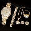 6 peças/conjunto de relógios femininos, relógio de quartzo de luxo com strass, relógio analógico romano da moda e conjunto de joias, presente para a mãe e para ela