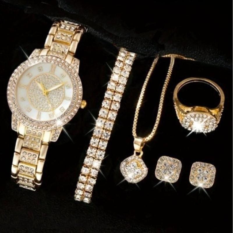 6 peças/conjunto de relógios femininos, relógio de quartzo de luxo com strass, relógio analógico romano da moda e conjunto de joias, presente para a mãe e para ela