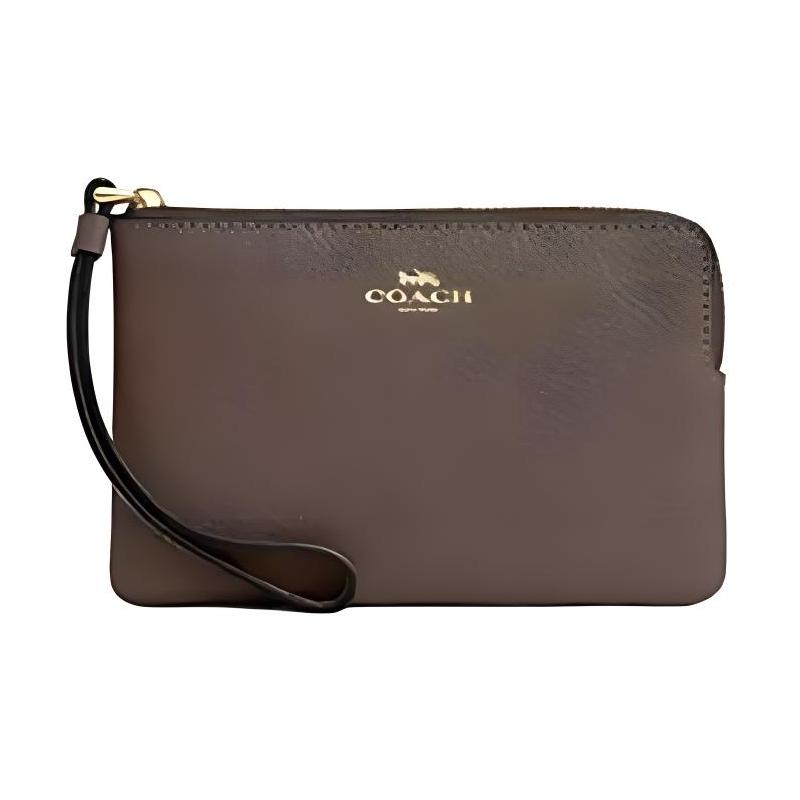 

COACH Corner Zip 15 zipper closure brand logo Refined pebble leather clutch mini women s dark stone color коричневий