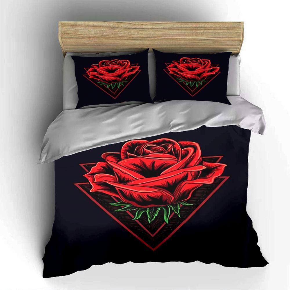Red Rose with Triangle Design Bedding Duvet Cover Set Duvet Cover Pillowcases (1*Duvet Cover 2*Pillowcases, without duvet insert)