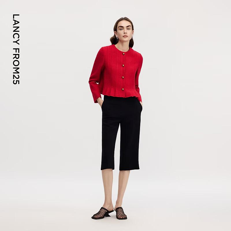 Langzi Red Round Neck Pleated Hem Short Jacket