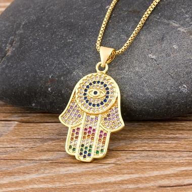 Nidin Hot Sale Women Men Hamsa Hand Necklace Gold Plated Copper Zircon Evil Eye Pendant & Chain Hip Hop Turkish Luck Jewelry
