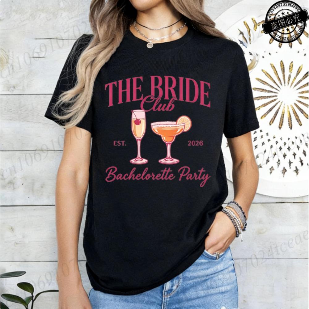 

Women s The Bride Club Graphic Tee White Black with Pink Lettering Wine Glass Design T-Shirts Perfect for Summer Wedding Gifts XXS