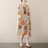 Women's Three Quarter Sleeve Midi Dress Round Neck Loose Fit Vintage Printed Cotton Linen Casual Tunic Dress