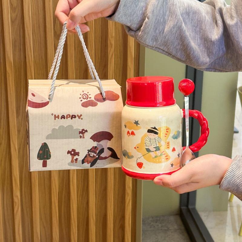 Cute retro kettle high value boys and girls ceramic mug with lid large capacity water cup birthday gift practical