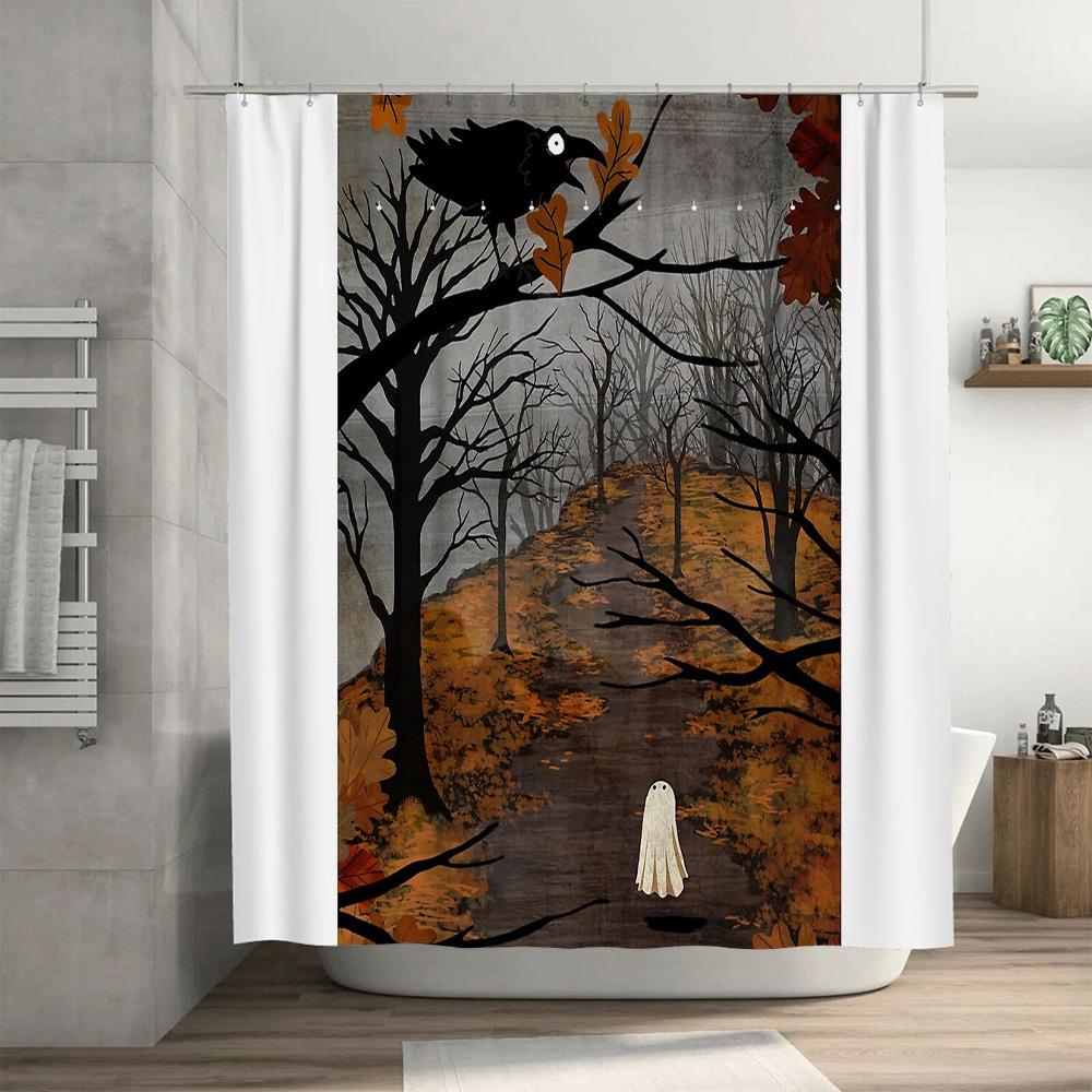 Spooky Halloween Shower Curtain Ghostly Forest Trees Pattern Bathroom Decor Home Gothic Horror Vintage Themed Backdrop