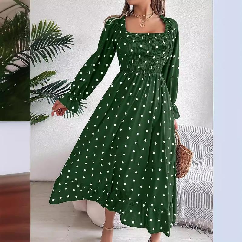 Women Casual European American Polka Dot Ruffled Square Neck Long Sleeve Flared Maxi Dress