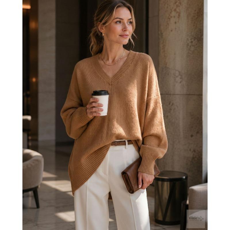 VEZFAA Damenmode, lässig, Herbst/Winter, einfarbig, bedruckt, langärmelig, V-Ausschnitt