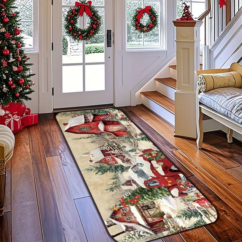 Christmas Runner Rug Red Truck Farm House Winter Scene Print Non Slip Washable Mat Hallway Entryway Winter Decor